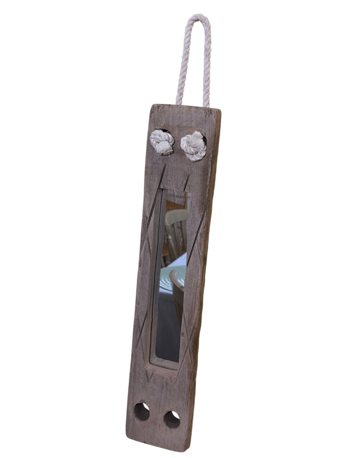 Rustic Wooden Wall Mirror Rope Hanger Carved Nautical Tribal Design Kalalou NEW Rustic Wooden Wall Mirror Rope Hanger Carved Nautical Tribal Design Kalalou NEW