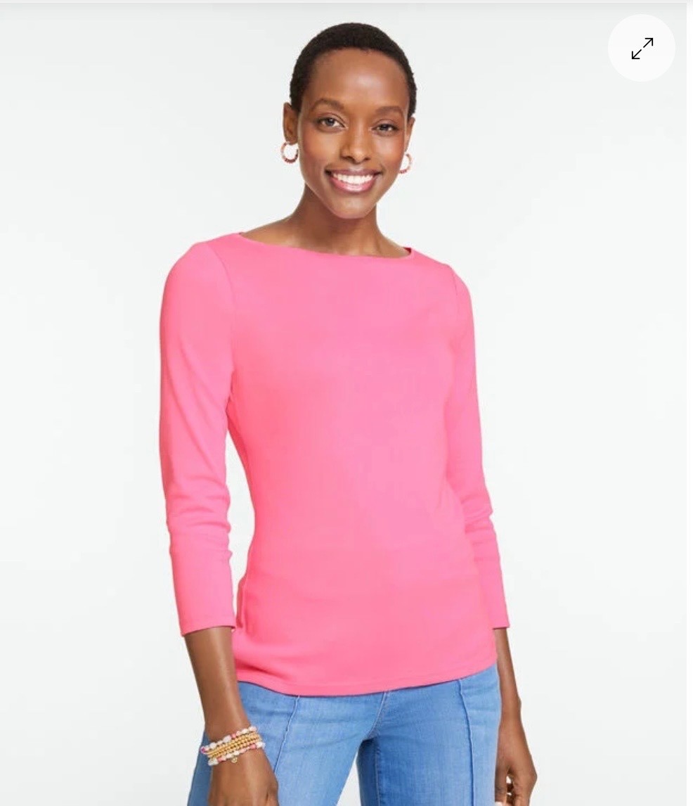 TALBOTS Solid Bateau Neck Tee Pima Cotton, Bright Pink, size Medium NEW