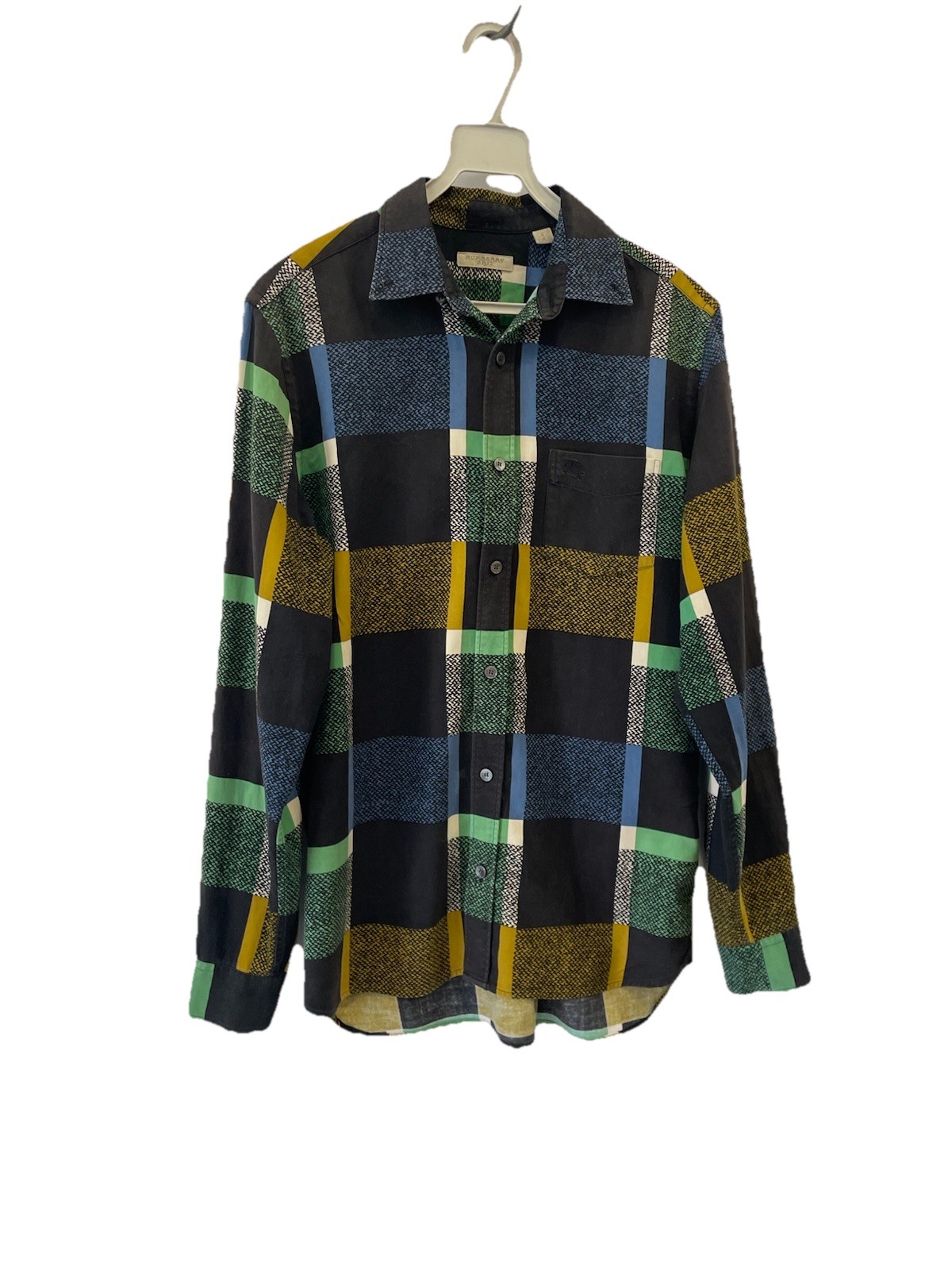 H30#BURBERRY BRIT Men\'s Small Long Sleeve Plaid Check Shirt Cotton Lyocell Green