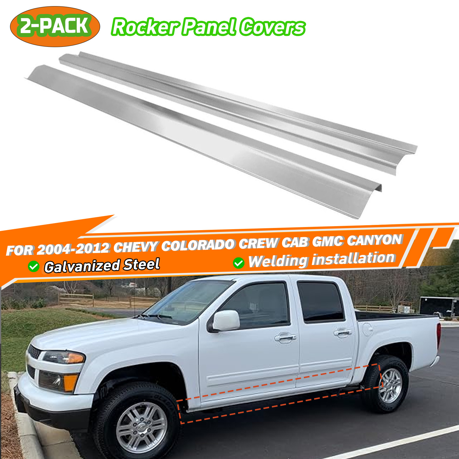 2x Slip-On Rocker Panel Cover for 04-12 Chevy Colorado Crew Cab GMC Canyon Steel