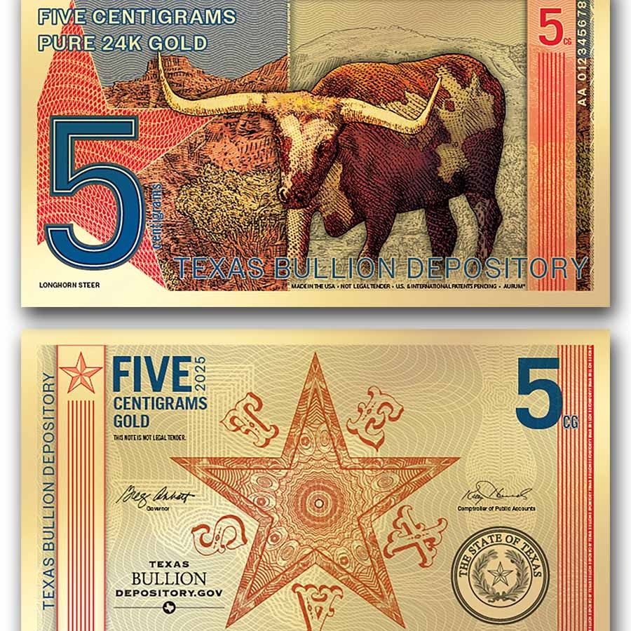 2025 5 Centigram Gold Note Texas Modern Redbacks: Longhorn Steer 2025 5 Centigram Gold Note Texas Modern Redbacks: Longhorn Steer