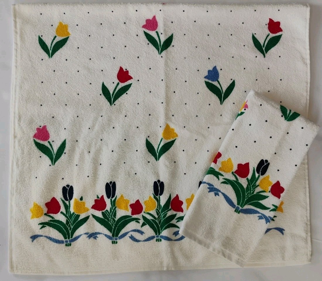VTG NOS 80s Cannon Monticello Bath Towel + Hand Towel Tulips 24\ VTG NOS 80s Cannon Monticello Bath Towel + Hand Towel Tulips 24\