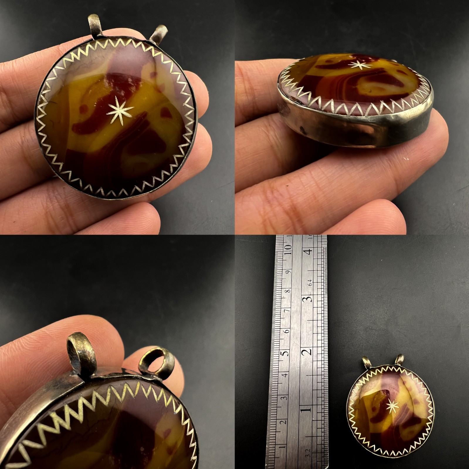 Exquisite Antique Agate Talisman Pendant with Hand-Carved Brass Inlay