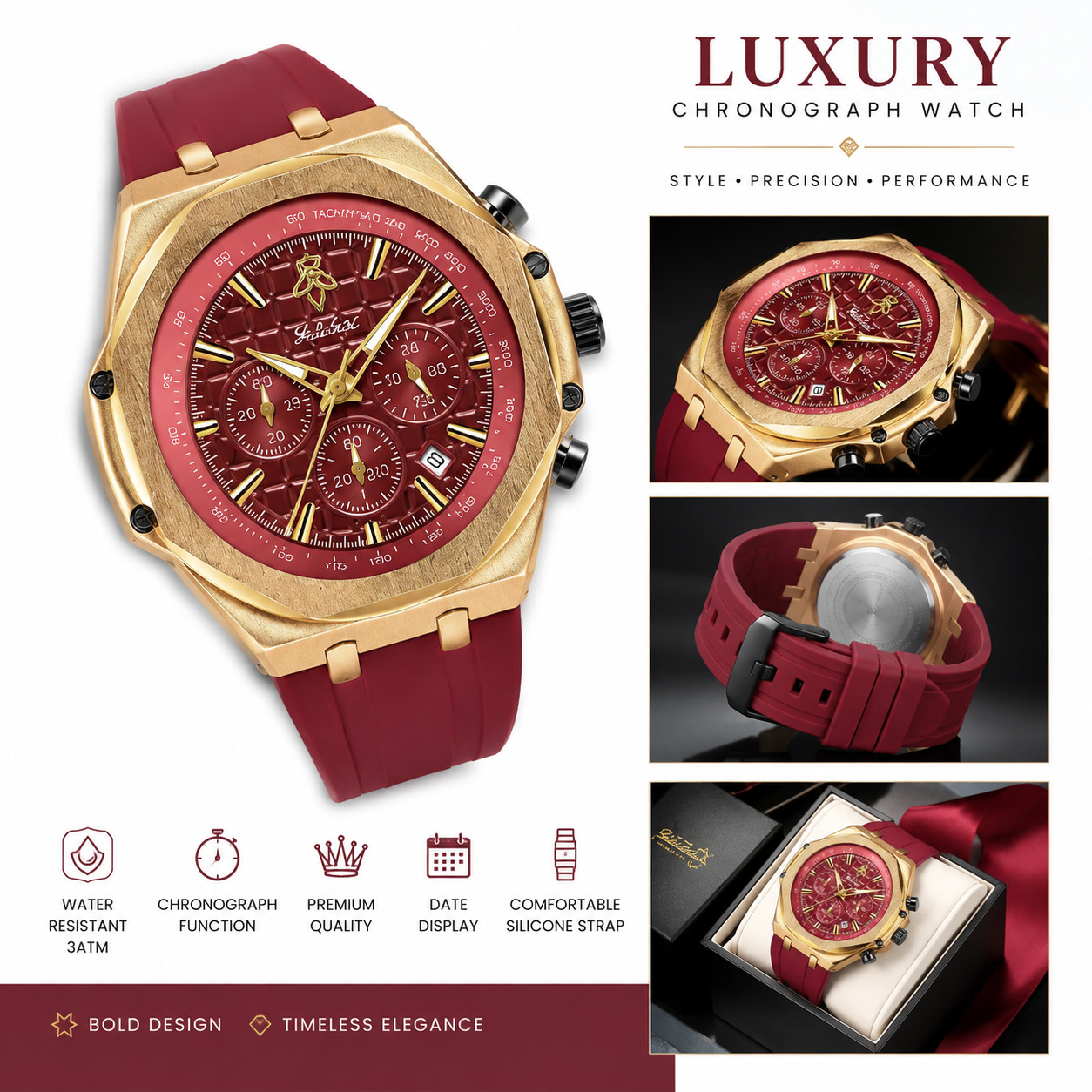 Men\'s Luxury Gold Chronograph Watch Red Dial Silicone Strap Waterproof Date