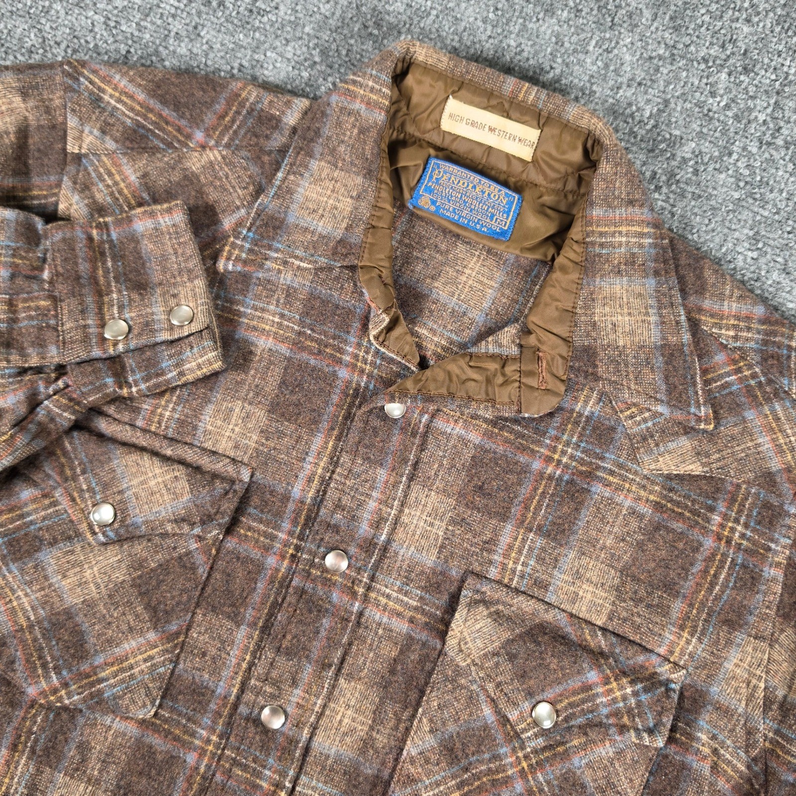 Vtg Pendleton Pearl Snap Shirt Mens M Brown Plaid Virgin Wool Western Wear USA