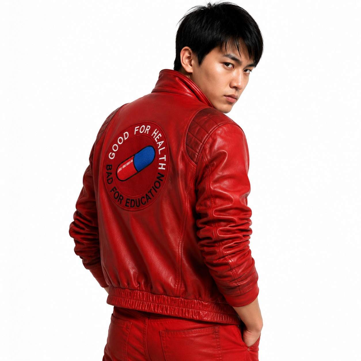  Men\'s Akira Shotaro Kaneda Red Capsule Logo Text Cosplay Faux Leather Jacket