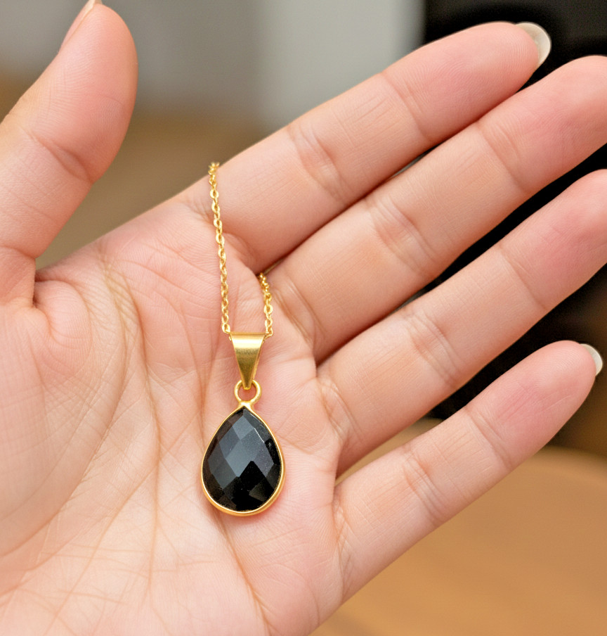 Natural Black Onyx 14k Gold Charm Pendant, Black Onyx Jewelry, Black Onyyx Charm