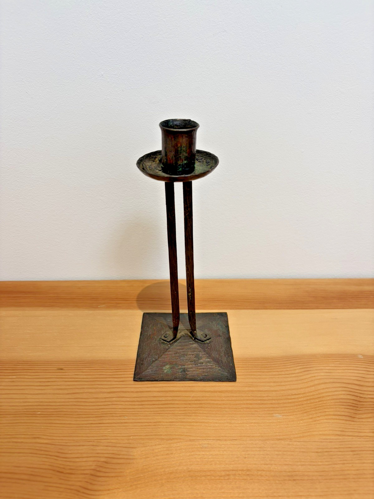 Antique Roycroft Hammered Copper Strap Candlestick 7.5in Arts & Crafts Orb Mark