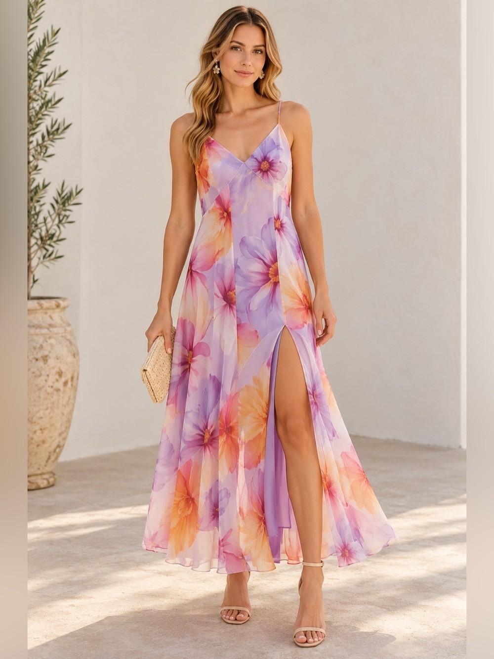 Mango NWT Size 10 Floral Chiffon Maxi Dress Lined Slit Vacation Wedding MSRP 159