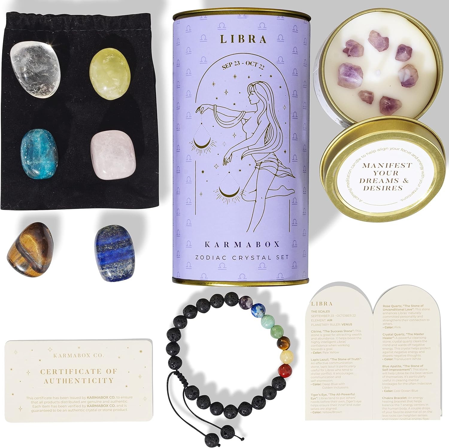 LIBRA Zodiac Crystal Healing Stones Kit, Astrology Horoscope Gift w/ Candle