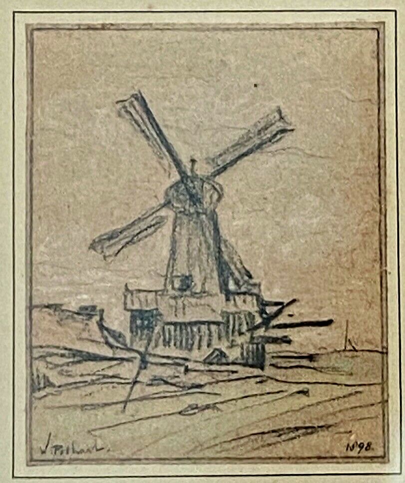 WILLEM POTHAST Antique Signed Original Drawing Windmill Netherlands Dutch 19th C