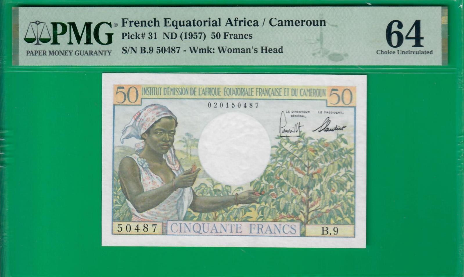French Equatorial Africa Cameroun 50 francs ND(1957), P31, PMG Choice UNC *64* French Equatorial Africa Cameroun 50 francs ND(1957), P31, PMG Choice UNC *64*