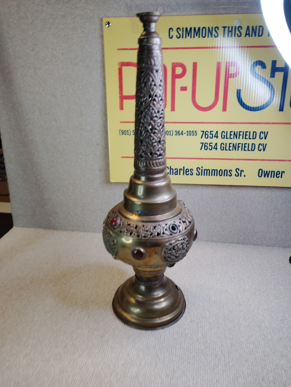Vintage Moroccan Middle Eastern Red Enamel Etched Brass Lamp Reticulated Pierced