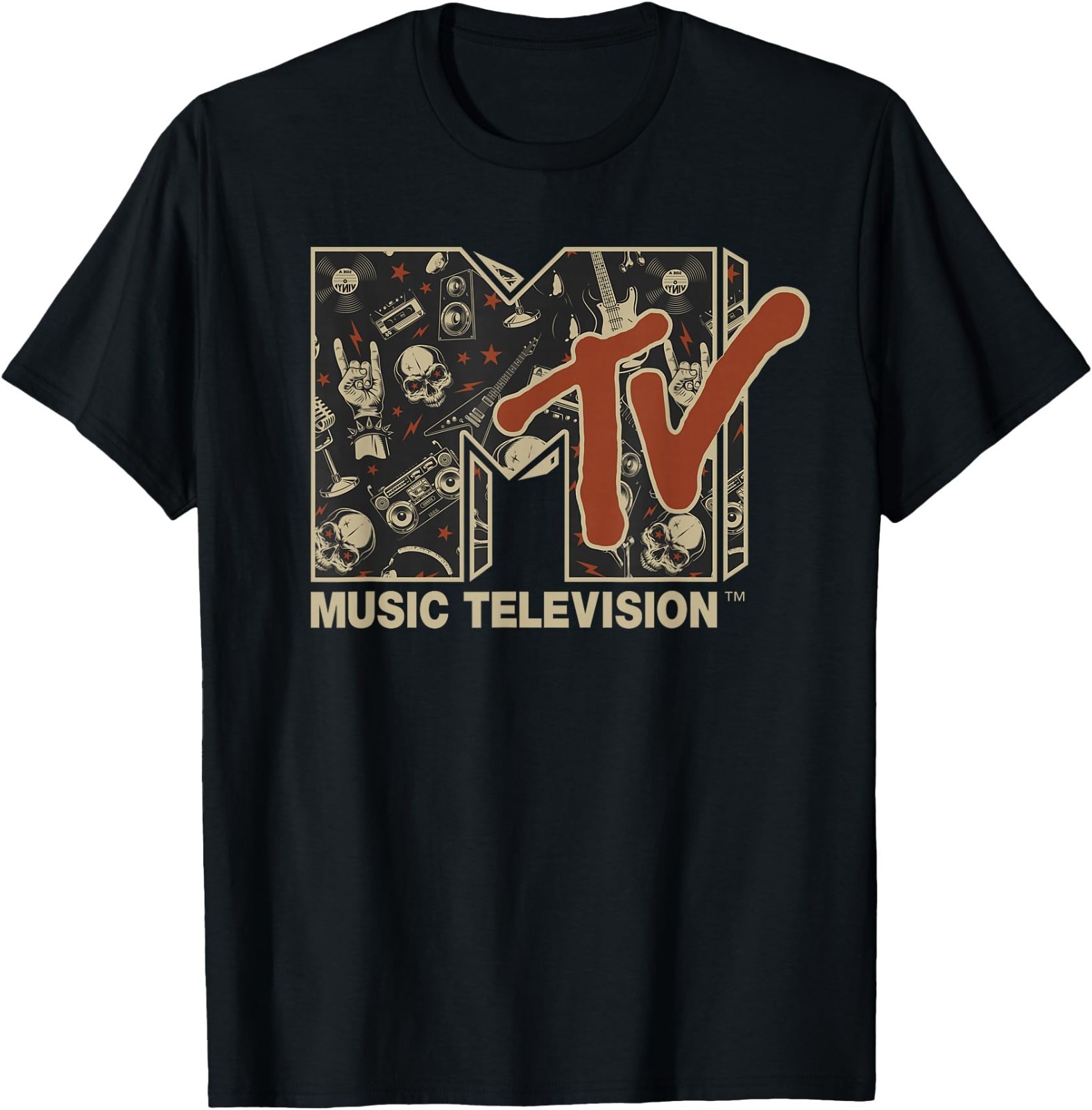 MTV Rock n Roll Music Hard Heavy Metal Skull Guitar Vintage T-Shirt