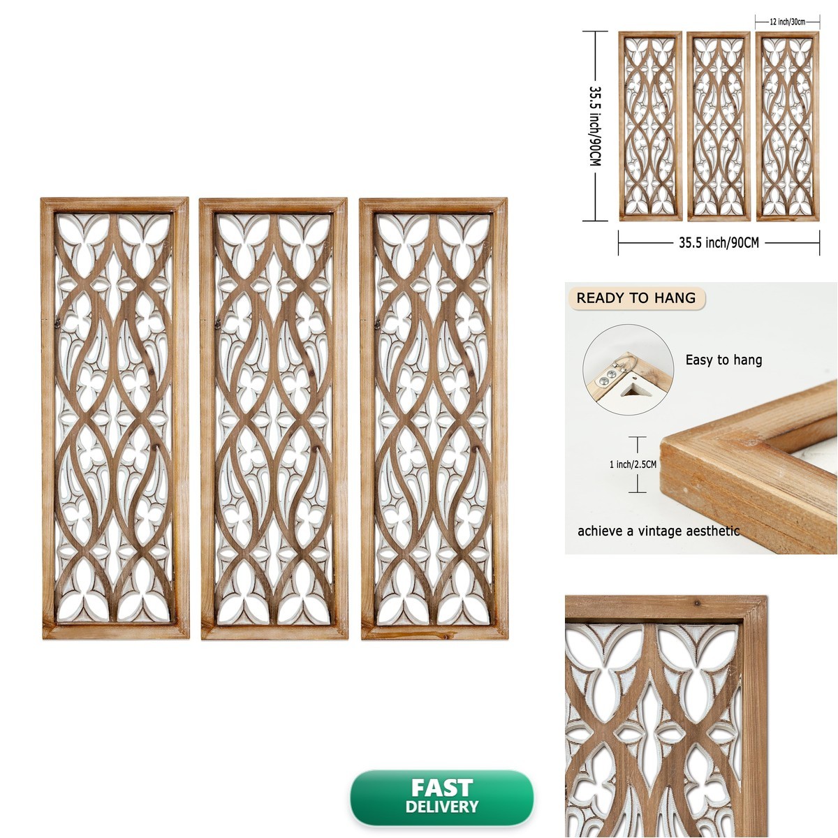 XIAOAIKA Hand Carved Boho Wood Wall Art 35.5 Inch 3 Panels XIAOAIKA Hand Carved Boho Wood Wall Art 35.5 Inch 3 Panels