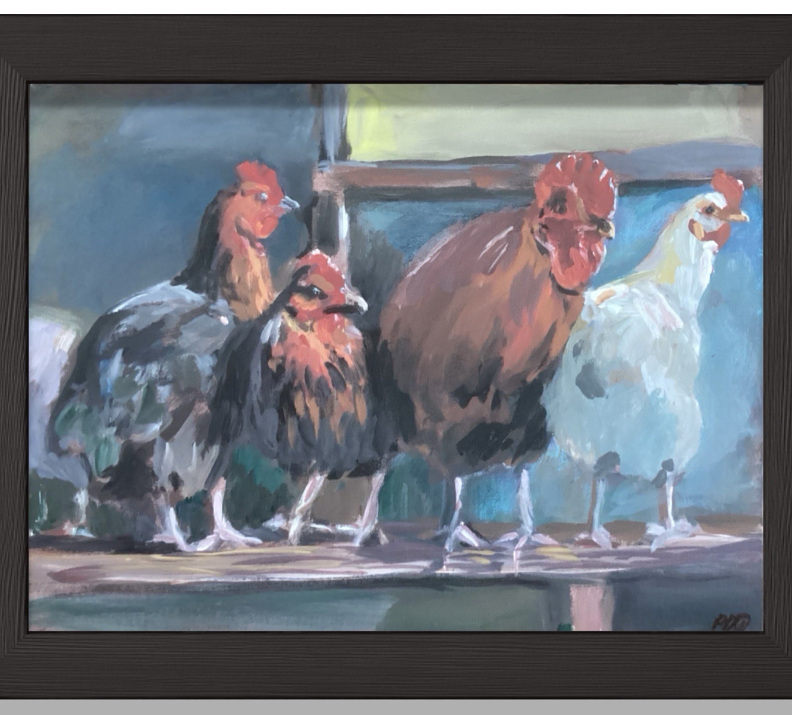PDQ Artist Originals Paintings Farm Chickens ImpressionismAcrylics 12x16 Artwork