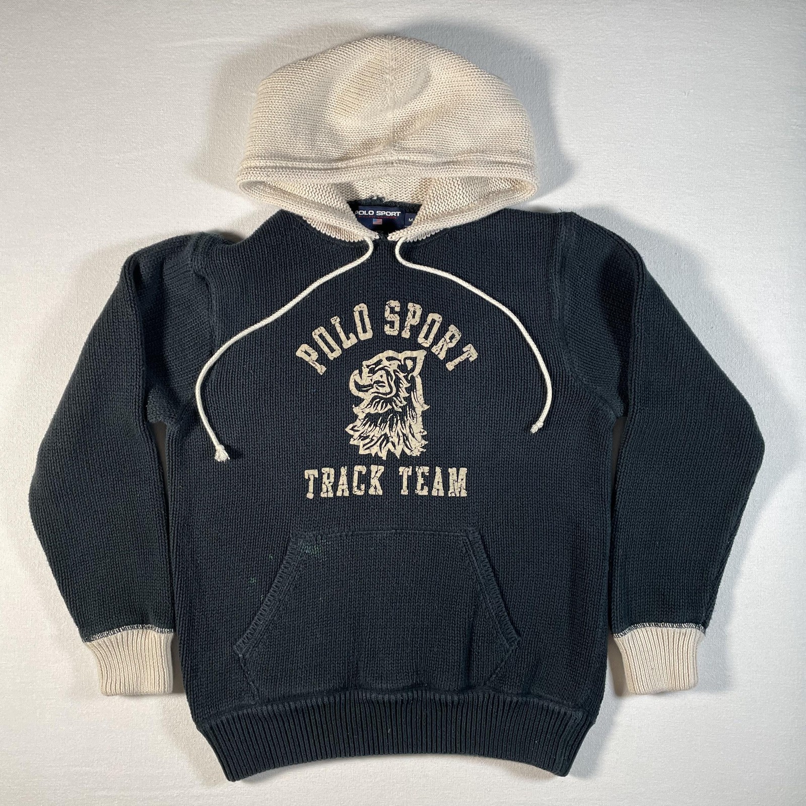 Vintage Polo Sport Ralph Lauren Knit Hoodie Mens Medium Blue Track Team 90s