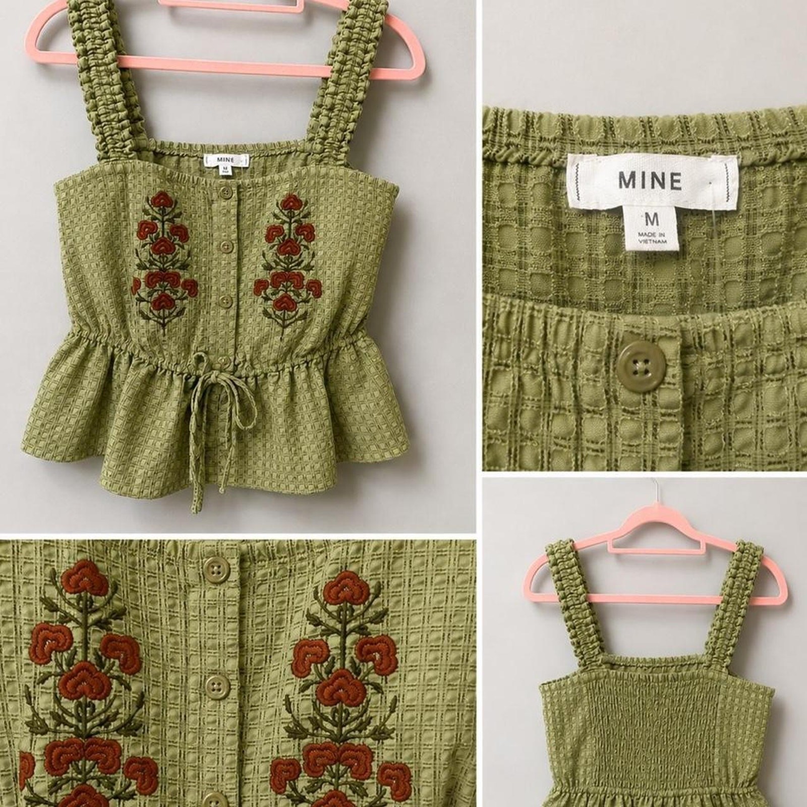 Mine Embroidered Peplum Tank Top Medium Olive Green Floral Smocked Boho