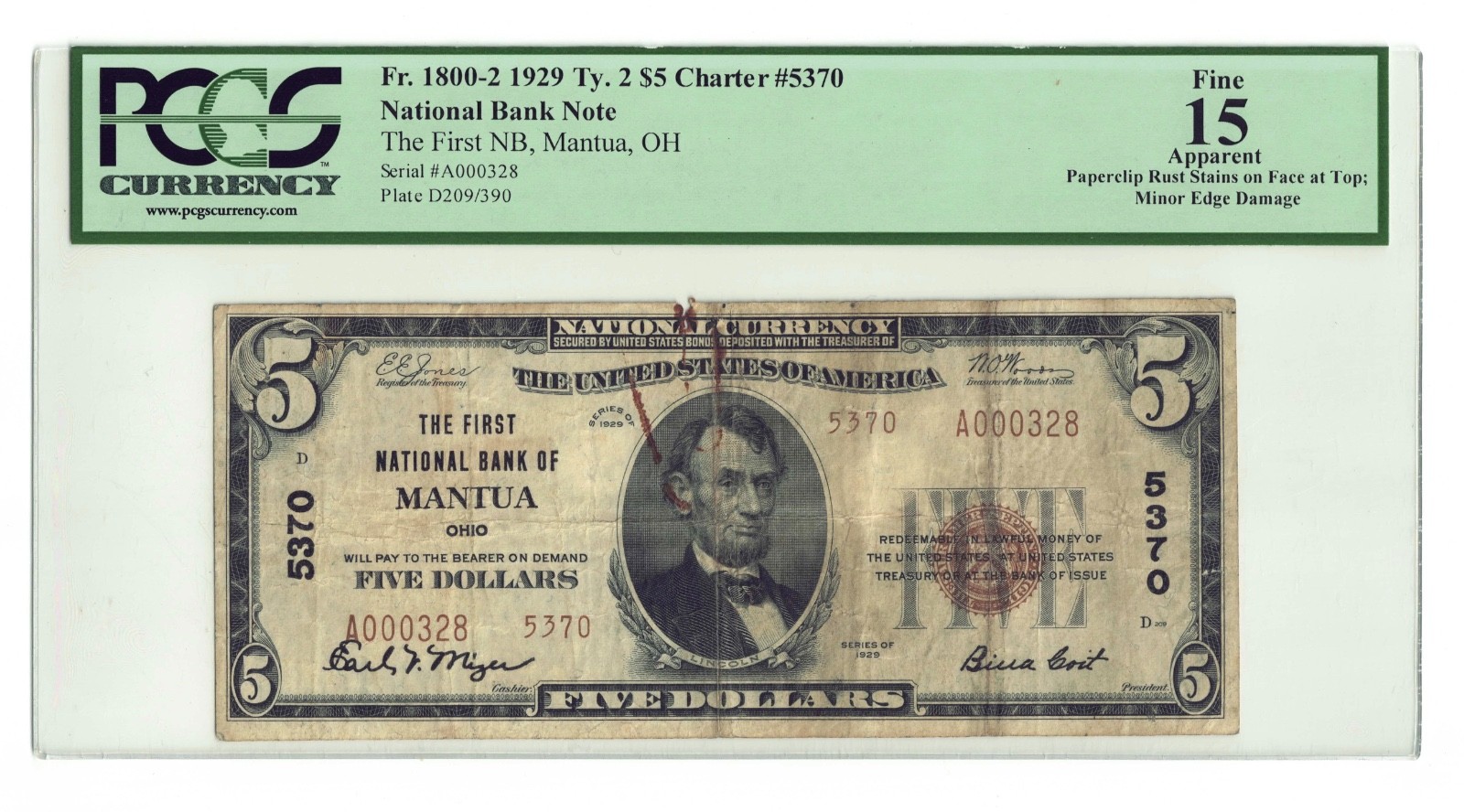 1929 $5 THE FIRST NATIONAL BANK OF MANTUA Ohio Type 2 PCGS F15 Apparent