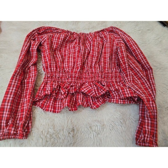 Crewcuts by J.Crew Girls Red Plaid Smocked Off-the-Shoulder Peplum Blouse Size14 Crewcuts by J.Crew Girls Red Plaid Smocked Off-the-Shoulder Peplum Blouse Size14
