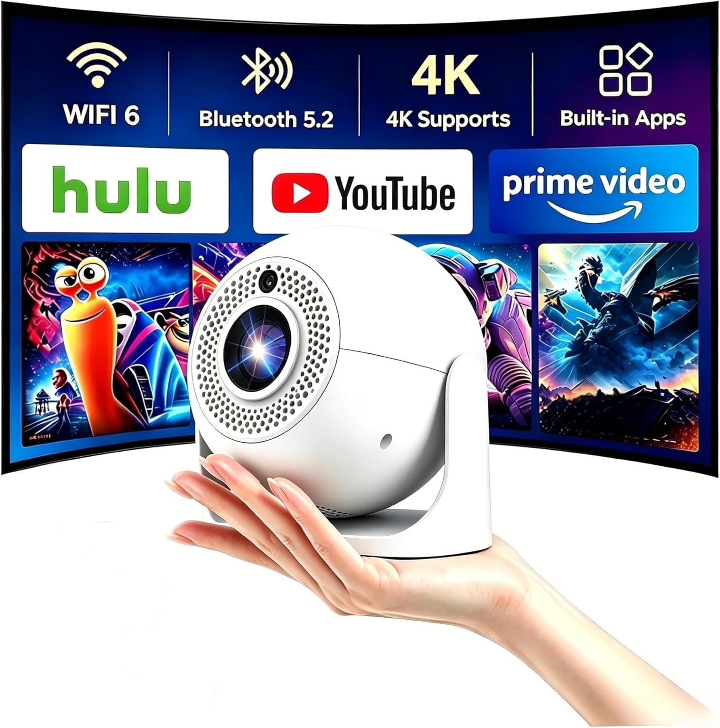 4K 1080P Mini Projector WiFi 6 Bluetooth Portable LED Movie Projector Home Theat