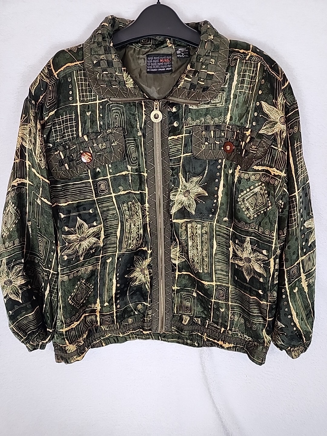 Vintage Mureli Womens Sz M Green Gold Silk Floral Circle Bomber Jacket Pockets 