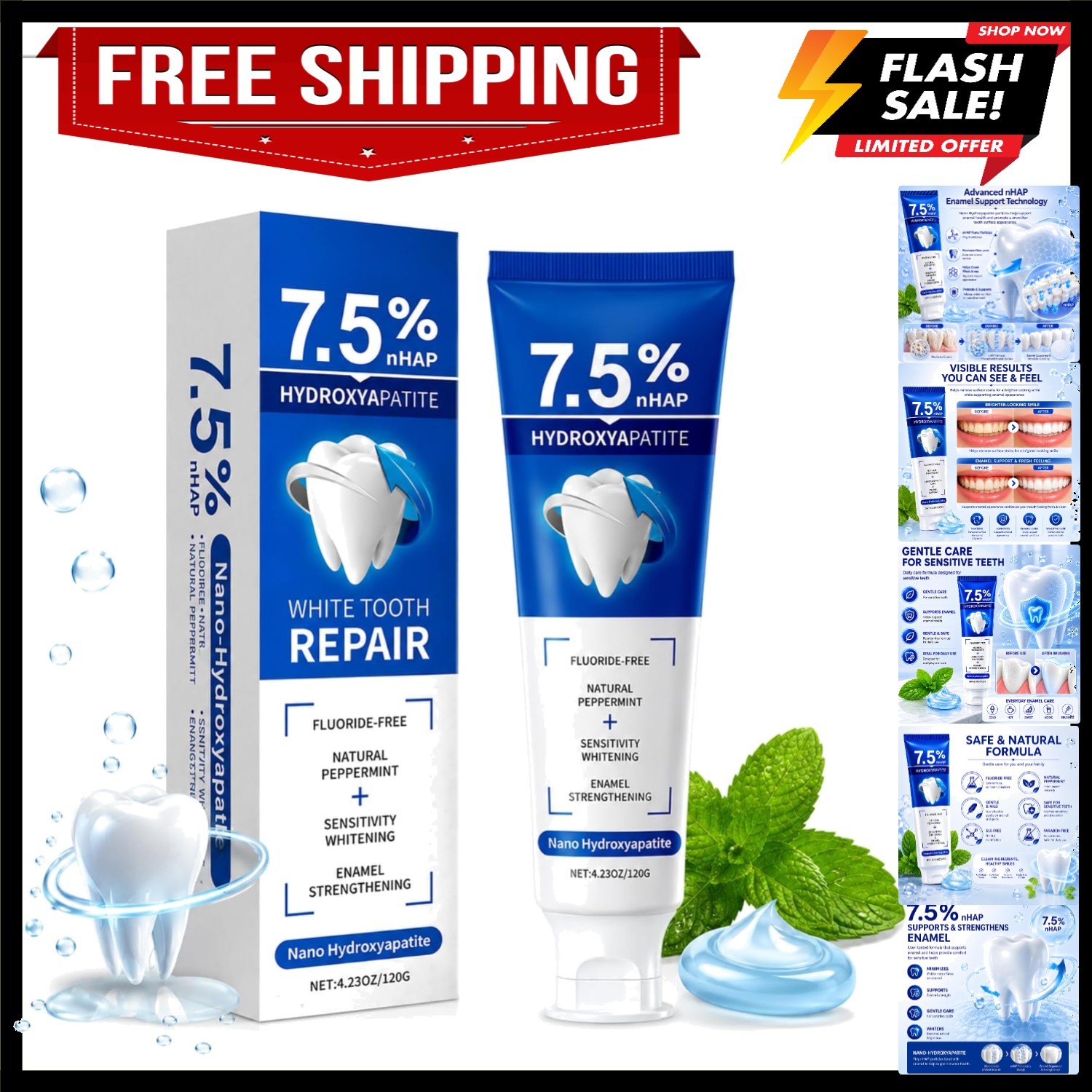 Holydeer Nano-Hydroxyapatite Toothpaste, Mint, 7.5% nHAP, Fluoride-Free, Sens...