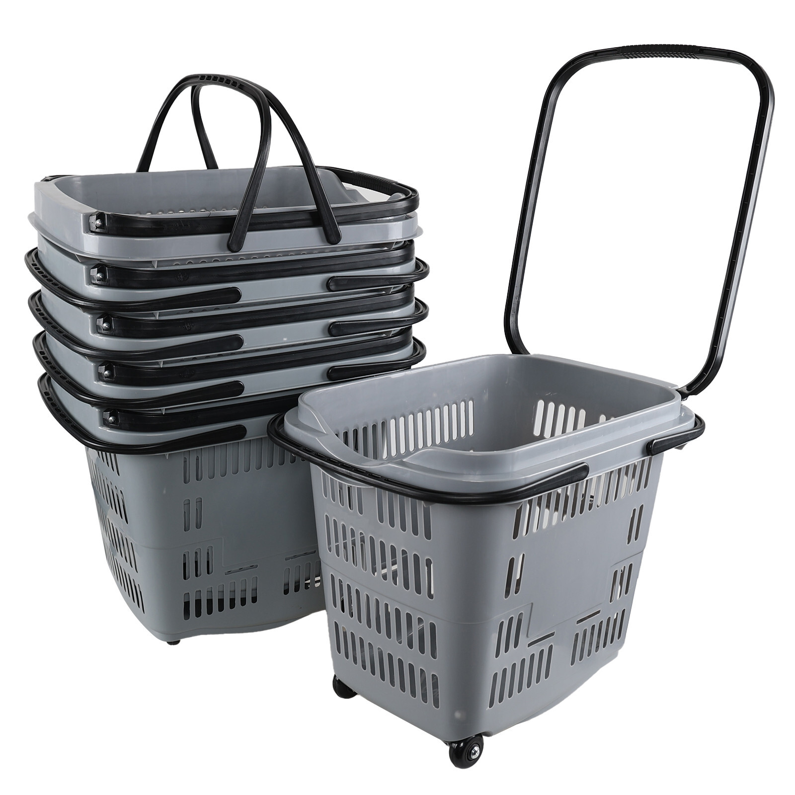 6 Packs 50 L Large Plastic Shopping Baskets with Wheels for Groceries, Gray