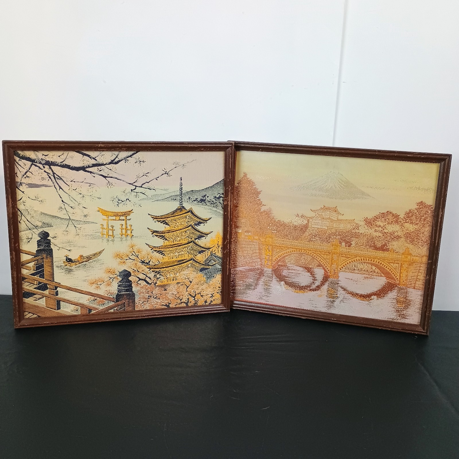 Vintage Japanese Silk Embroidered Pictures Set of 2 Pagoda Fuji Bridge 10x12