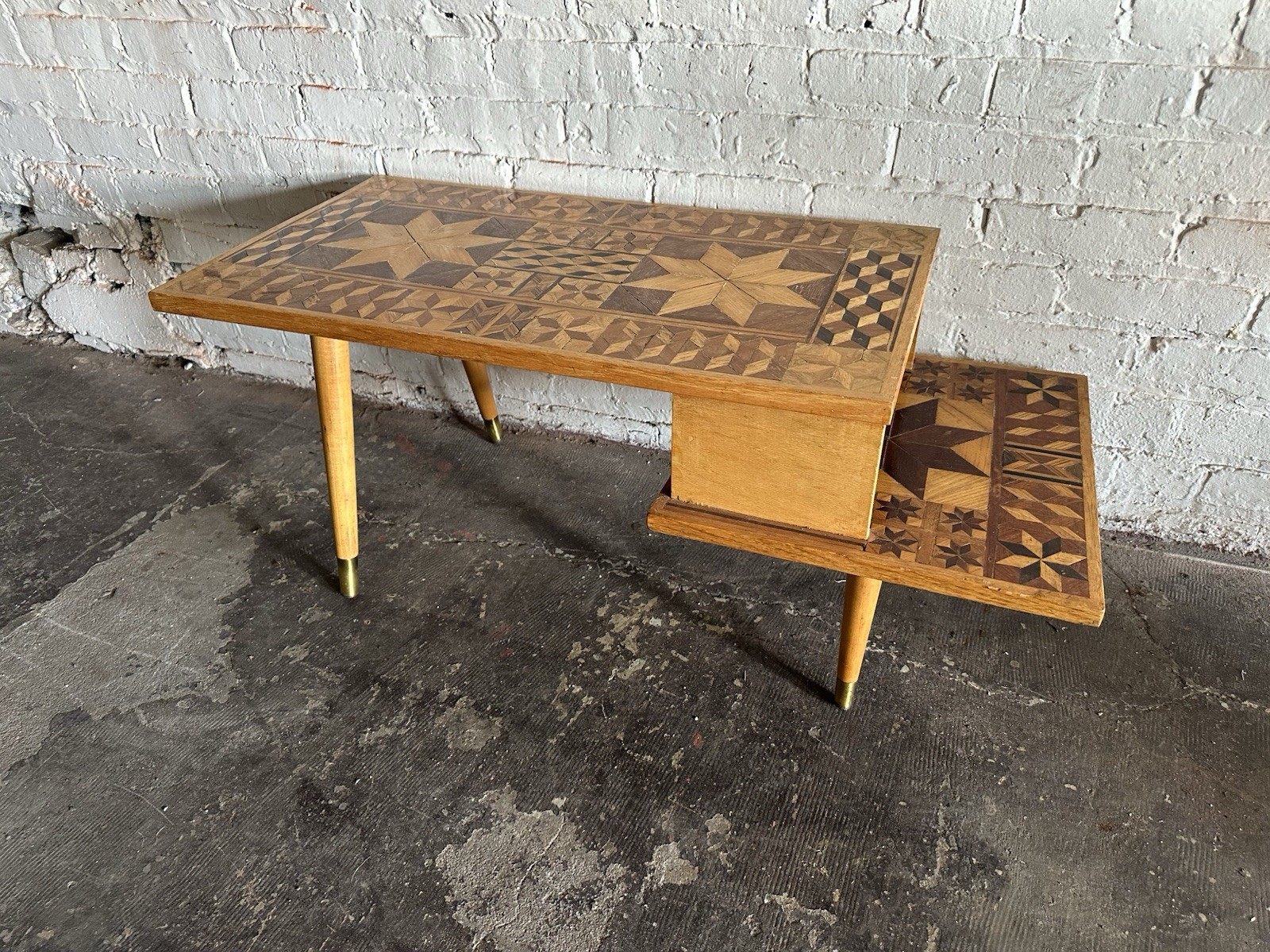 Mid Century Modern Coffee Table Inlay Step Wood Carve Inlaid Vintage Mosaic Teak