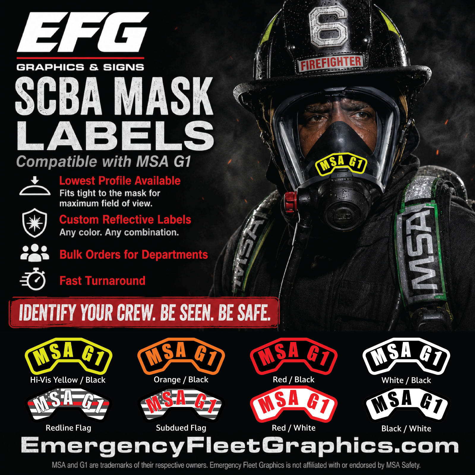 MSA G1 SCBA Compatible Custom Reflective Mask Name Labels Stickers Id