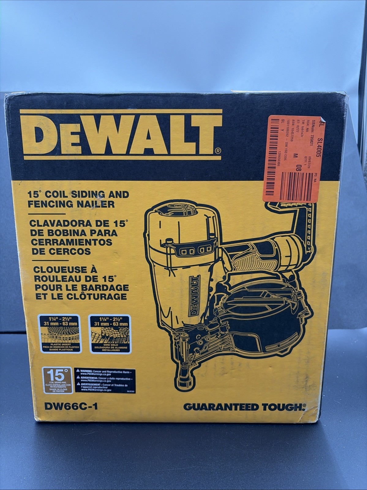 DEWALT DW66C-1 Pneumatic 15-Degree Coil Siding Nailer 