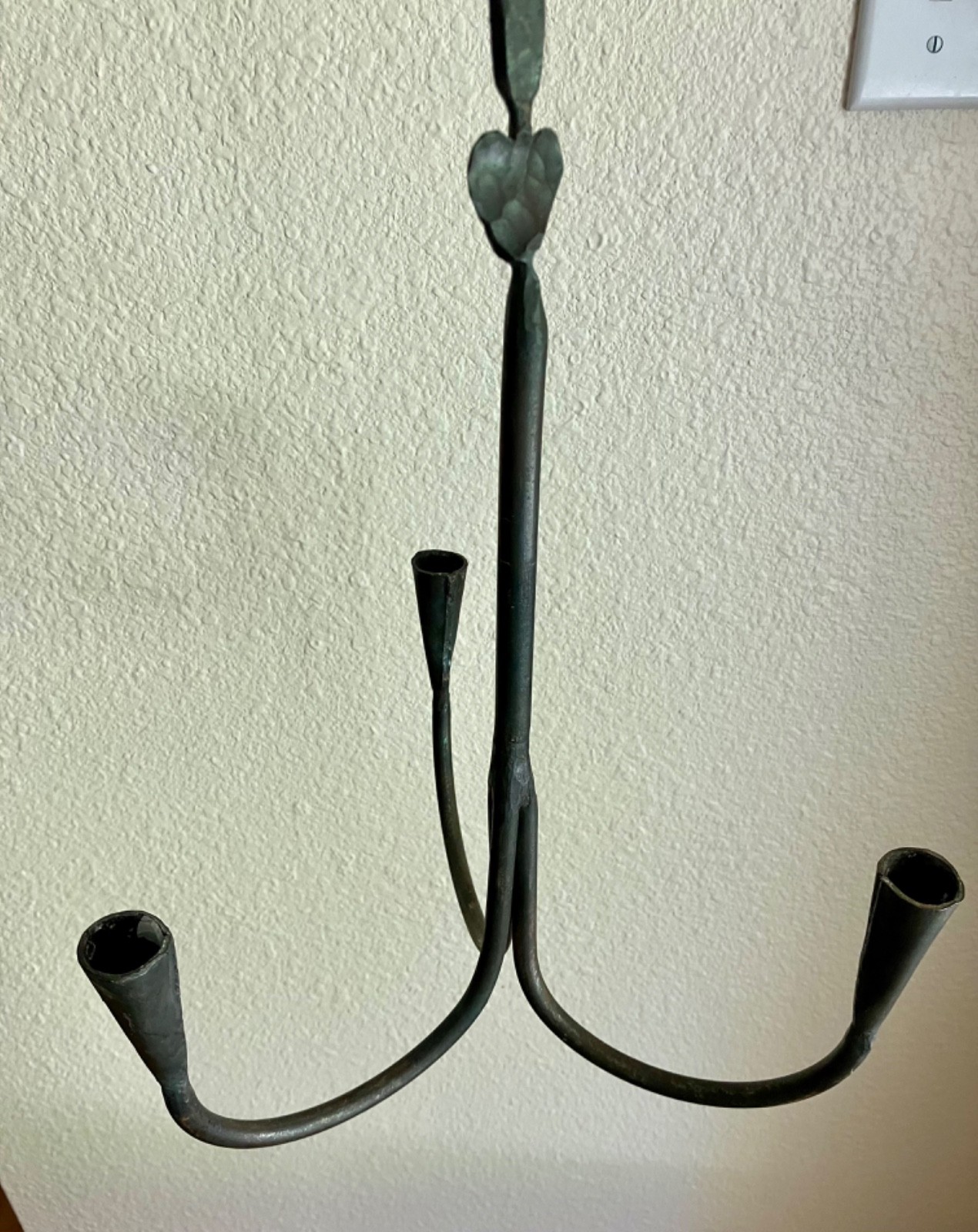 Vintage hand wrought hanging iron candle holder centerpiece, heart, primitive