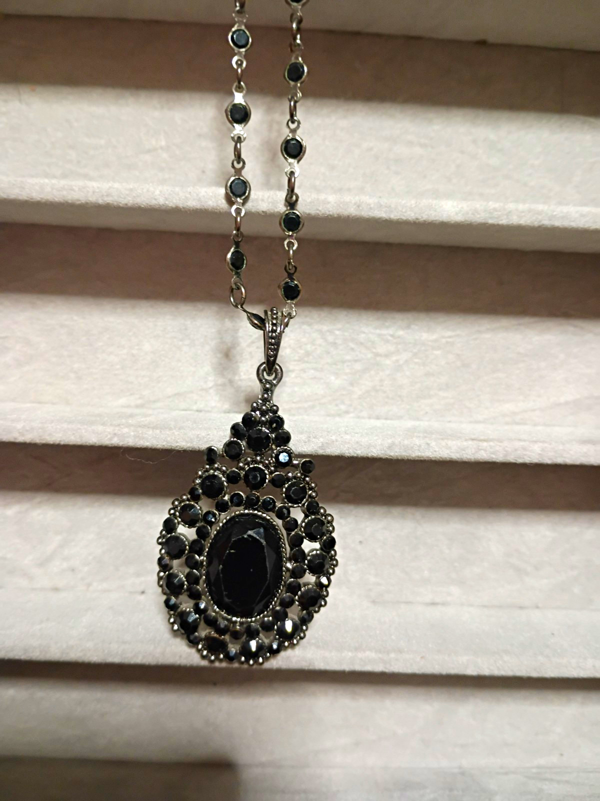Vintage Signed Monet Dark Silver Tone Black Rhinestone Teardrop Pendant Necklace Vintage Signed Monet Dark Silver Tone Black Rhinestone Teardrop Pendant Necklace