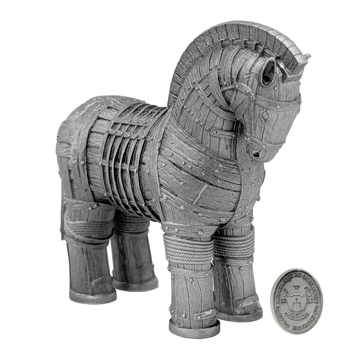 2026 Cameroon Shadows of Myths Trojan Horse 2 oz Silver Antiqued 3D Shaped Coin 2026 Cameroon Shadows of Myths Trojan Horse 2 oz Silver Antiqued 3D Shaped Coin