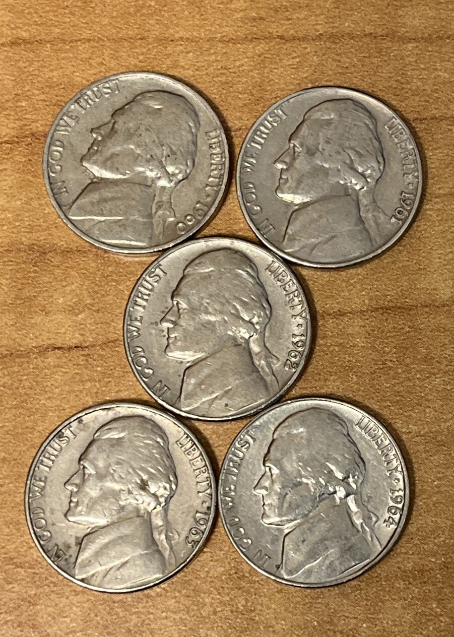 1960-D, 1961-D, 1962-D, 1963-D, 1964-D Jefferson Nickels (set of 5 ) 1960-D, 1961-D, 1962-D, 1963-D, 1964-D Jefferson Nickels (set of 5 )