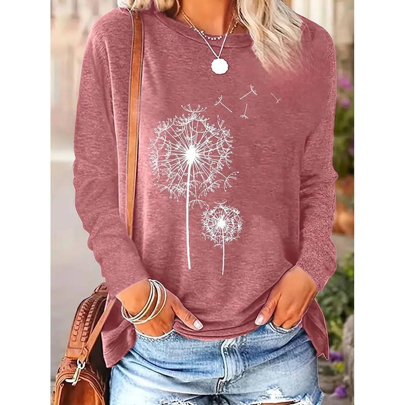Women\'s Floral Print Crewneck Casual Long Sleeve T Shirt Pullover Size XL Cotton