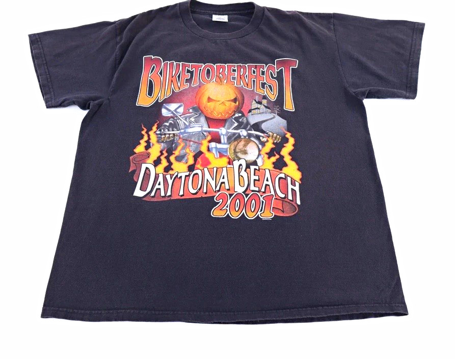 Vintage Biketoberfest Daytona Beach 2001 Double-Sided Graphic T-Shirt Black L