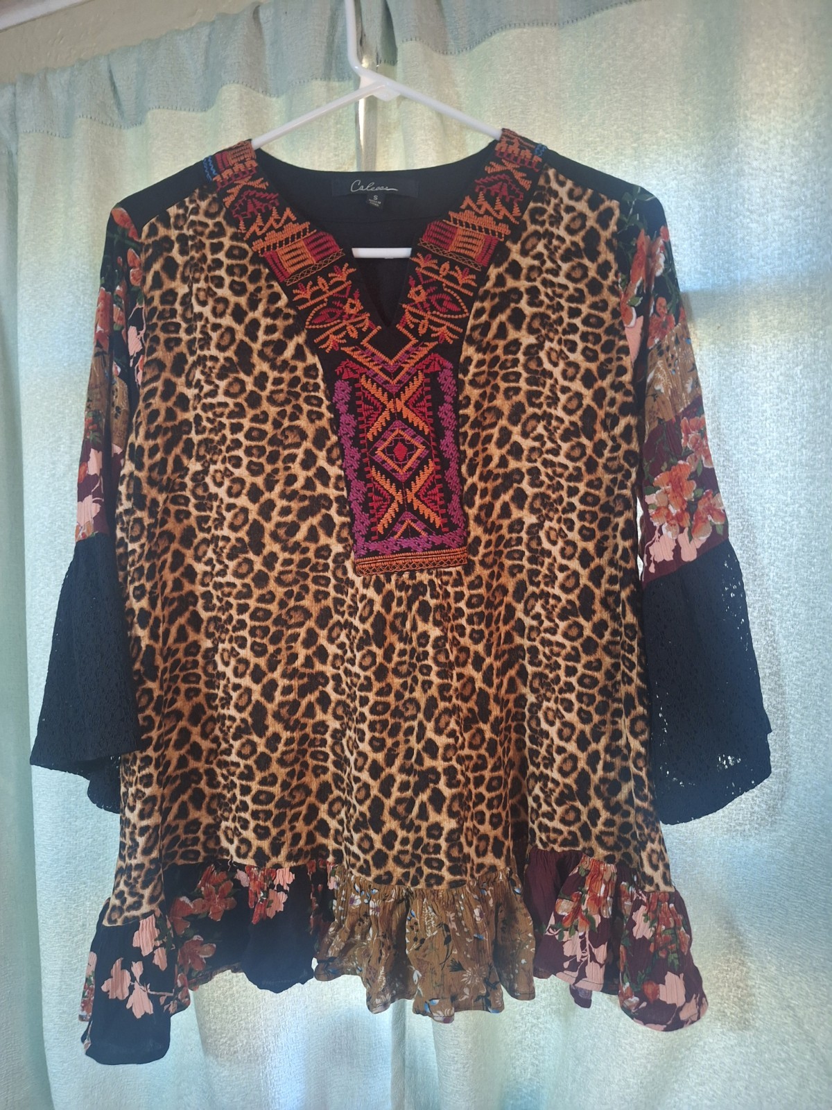 Calessa Brand Blouse. Black V Neck With Vibrant Colorful Embroidery Calessa Brand Blouse. Black V Neck With Vibrant Colorful Embroidery