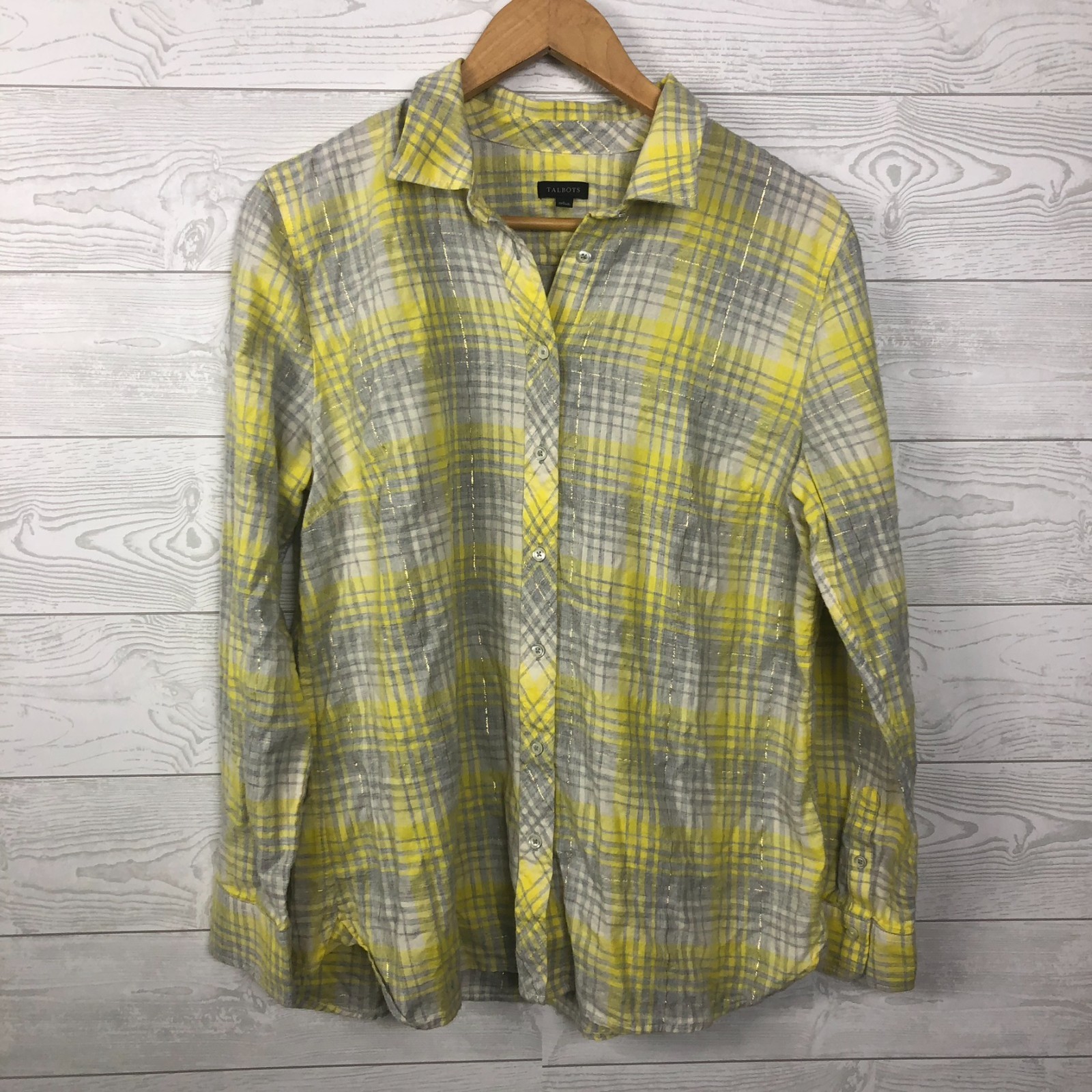 Talbot\'s Women\'s Large Plaid Long Sleeve Button Front Shirt Metallic Weave Top