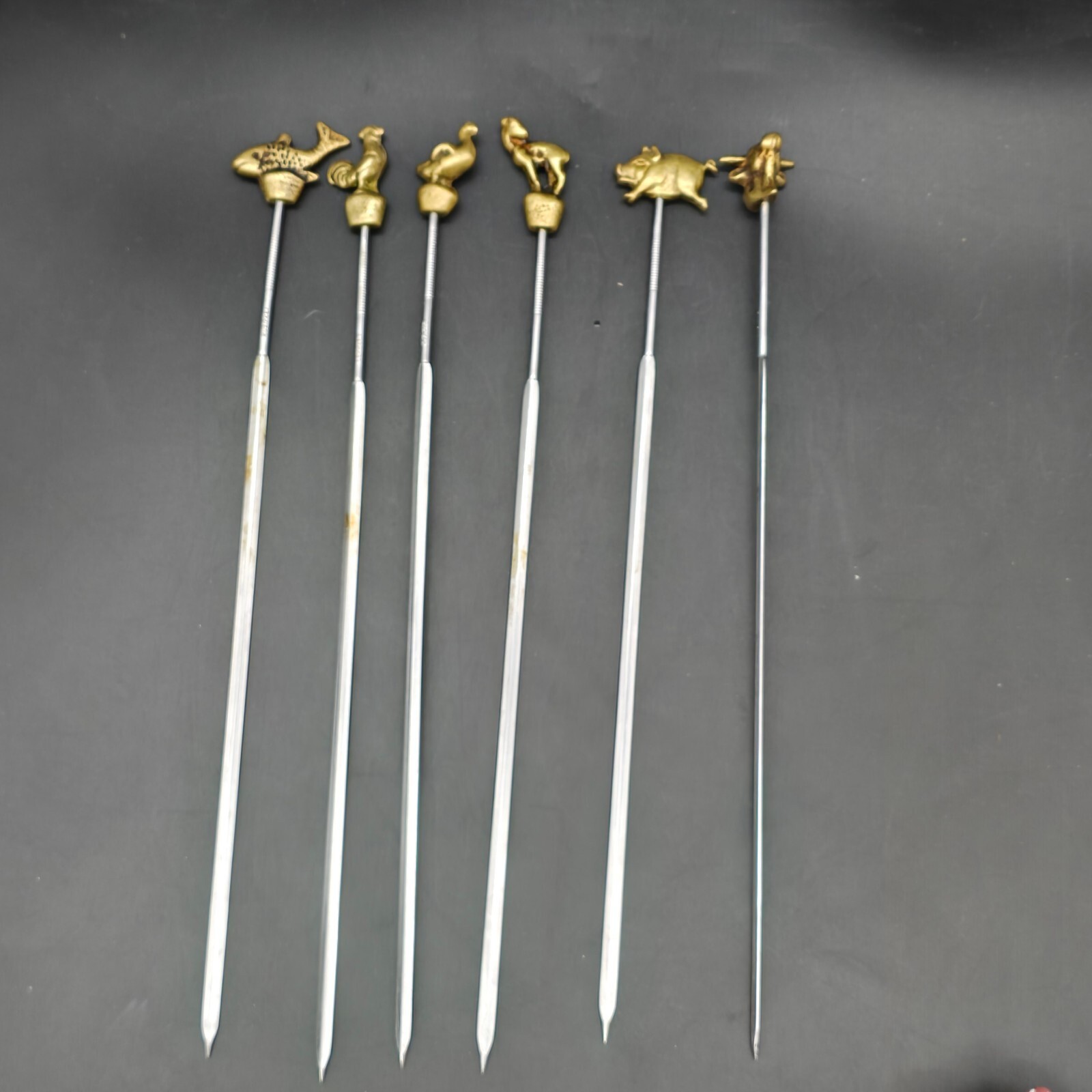 6 Vintage West Germany Rostfrei Stainless Steel Brass Animal BBQ Kebab Skewers