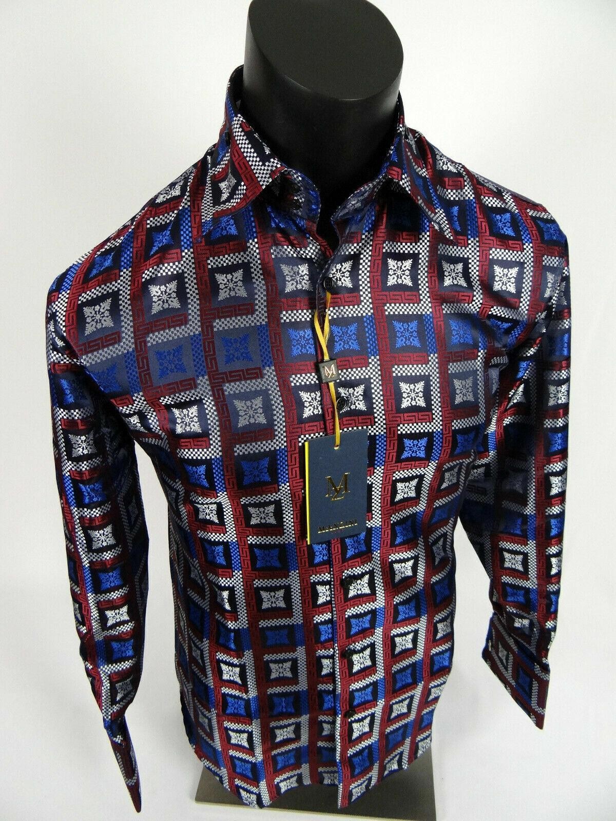 Blue Silver Burgundy Italian Florals Cuff Links Button Front Mens Manzini Shirt