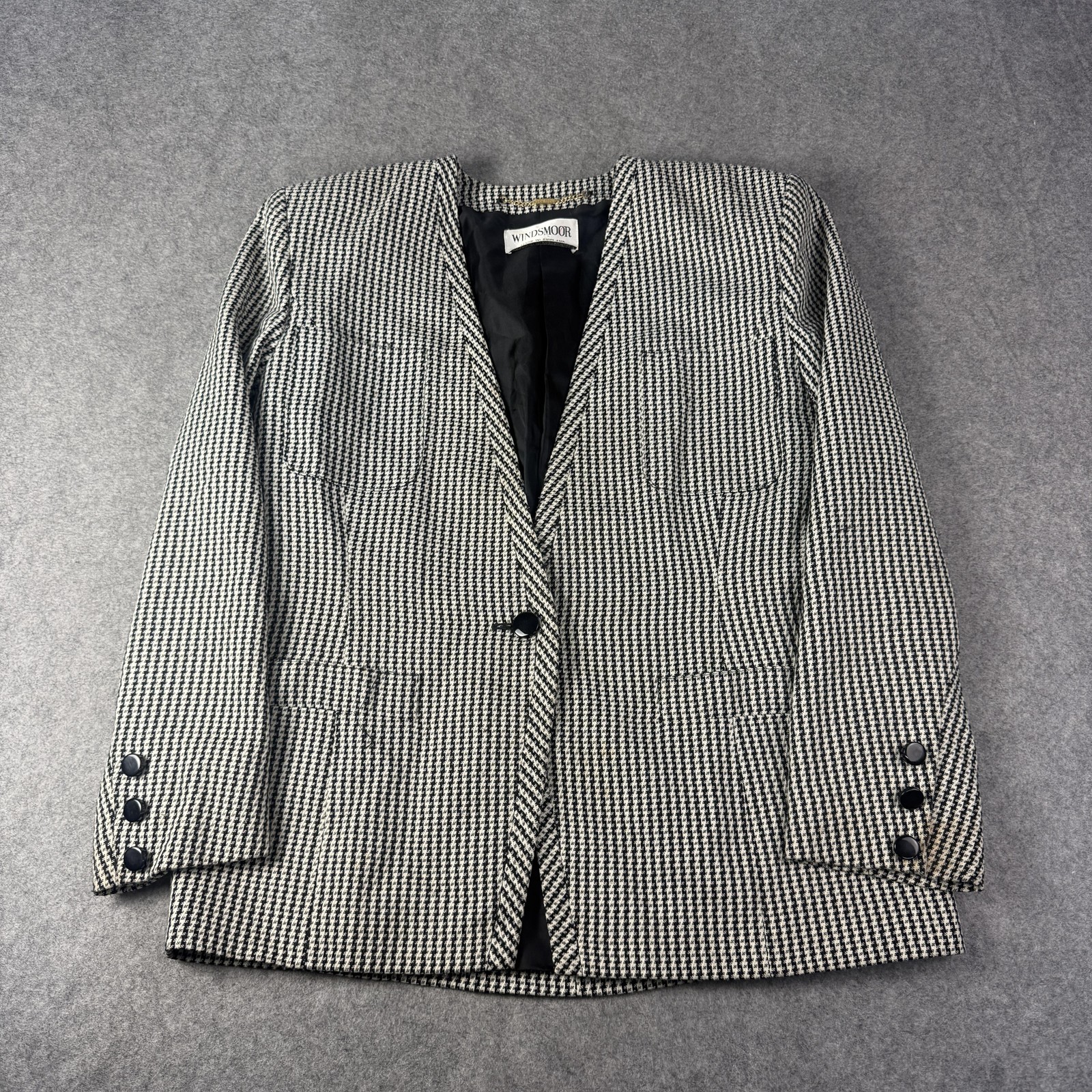 Vtg Windsmoor Blazer Womens 14 Black White Houndstooth Tweed Jacket Smart Work