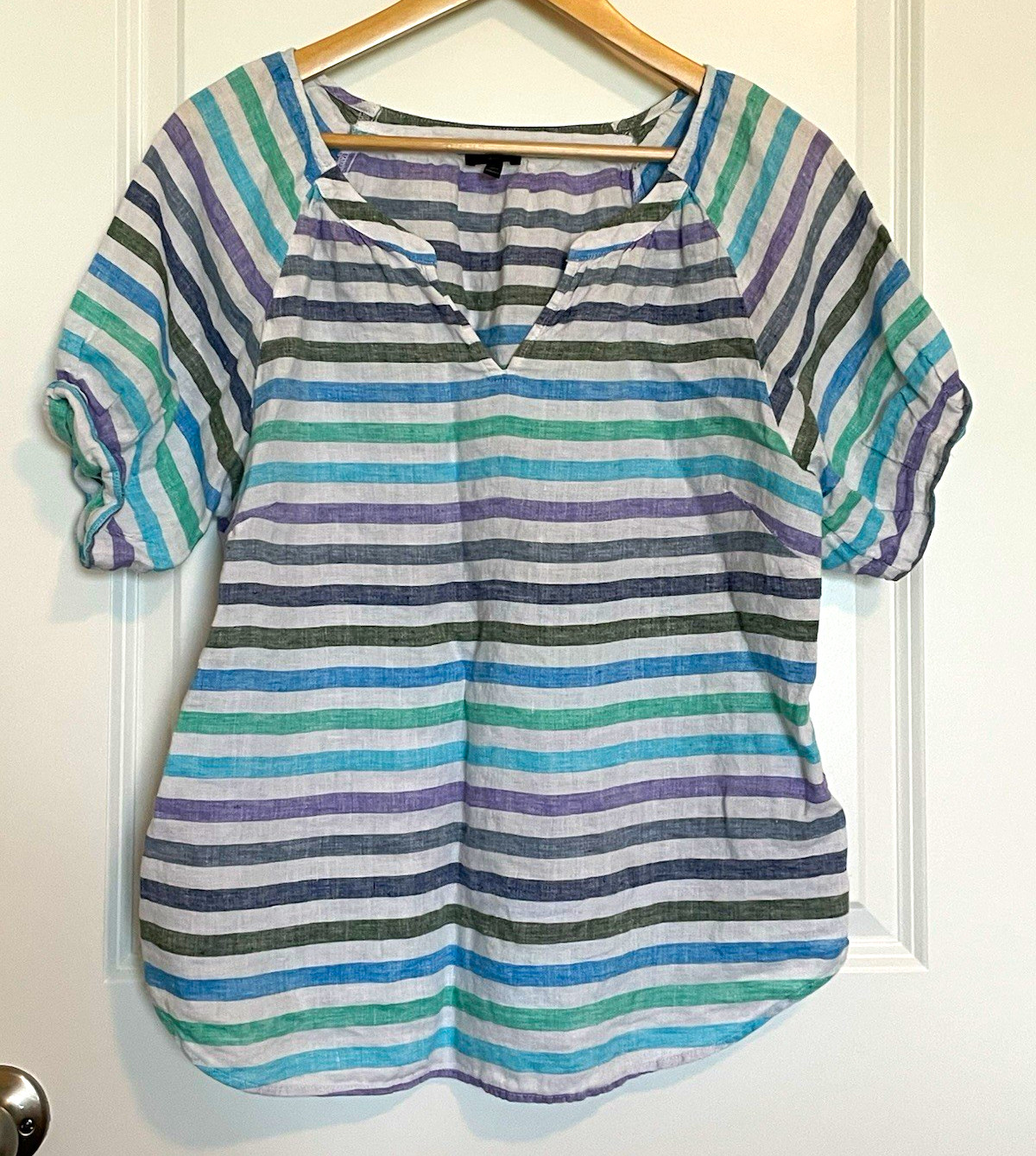 Talbots Women’s Linen Striped V-Neck Short Sleeve Blouse Petite Large Multicolor Talbots Women’s Linen Striped V-Neck Short Sleeve Blouse Petite Large Multicolor
