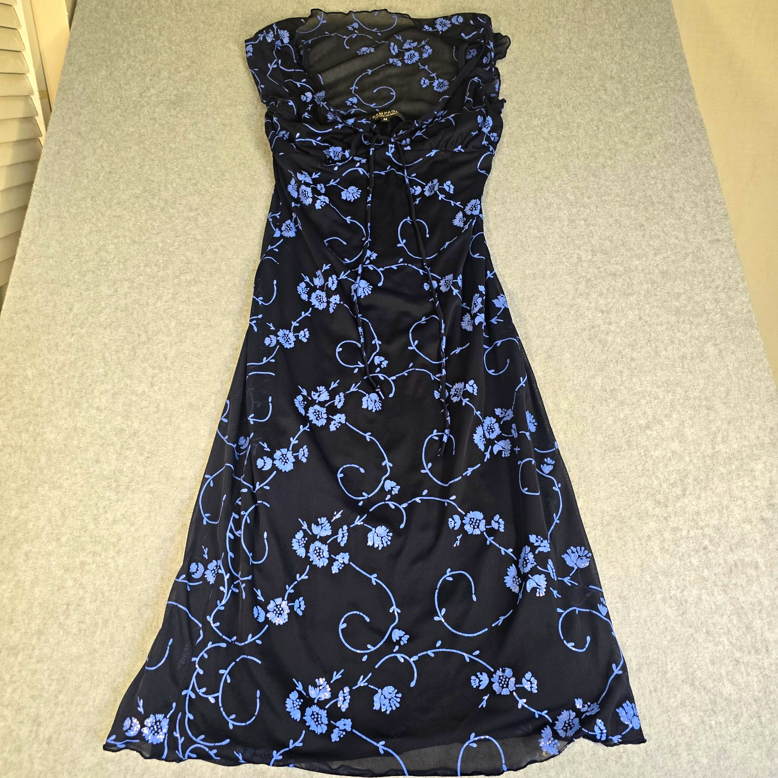 Rampage Womens M Y2K Black Blue Floral Mesh Midi Dress Sheer Romantic 90s