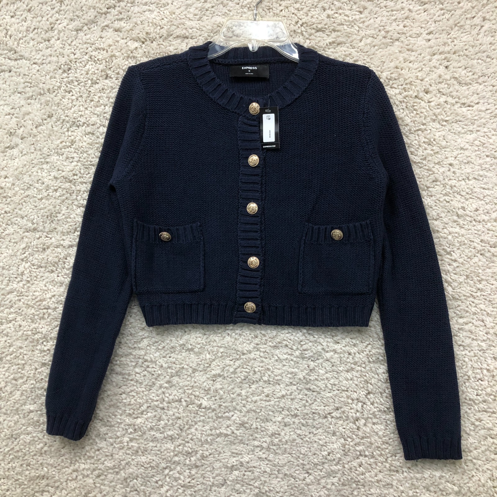 NEW Express Cardigan Small Adult Blue Crew Neck Novelty Button Sweater Womens S