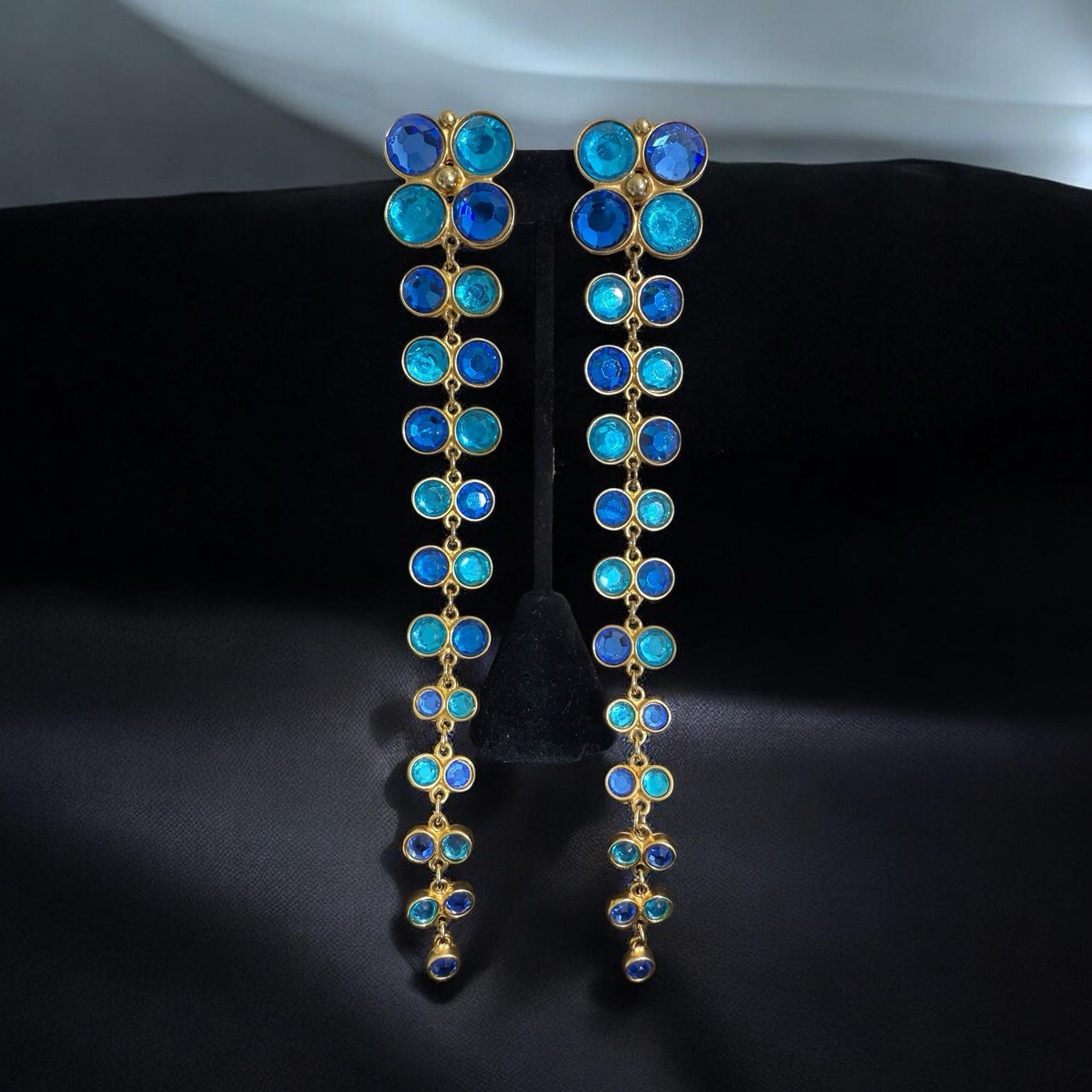 Vintage Ben Amun Gold-Tone Blue Glass Cabochon  7in Statement Clip-On Earrings 