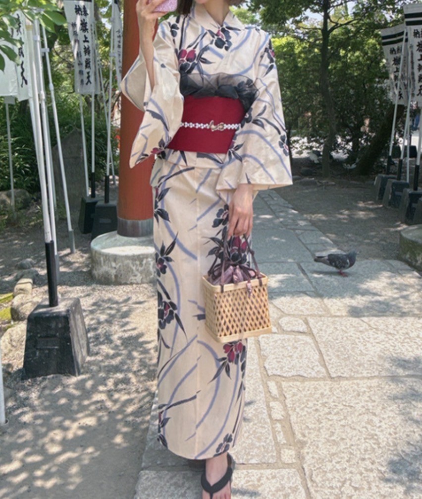 Japanese Yukata Set Women Cotton Kimono Summer Festival Floral  Ivory Obi Belt