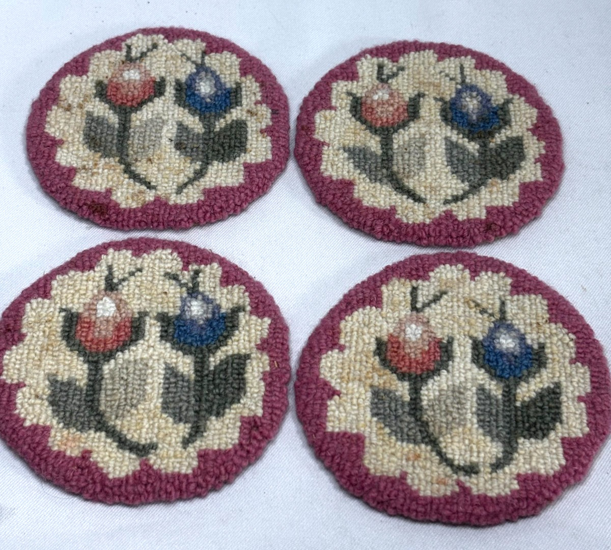 4 Vtg. Flora\'s Cheticamp N.S. Hand Hooked Wool Coasters Flowered Design 4\