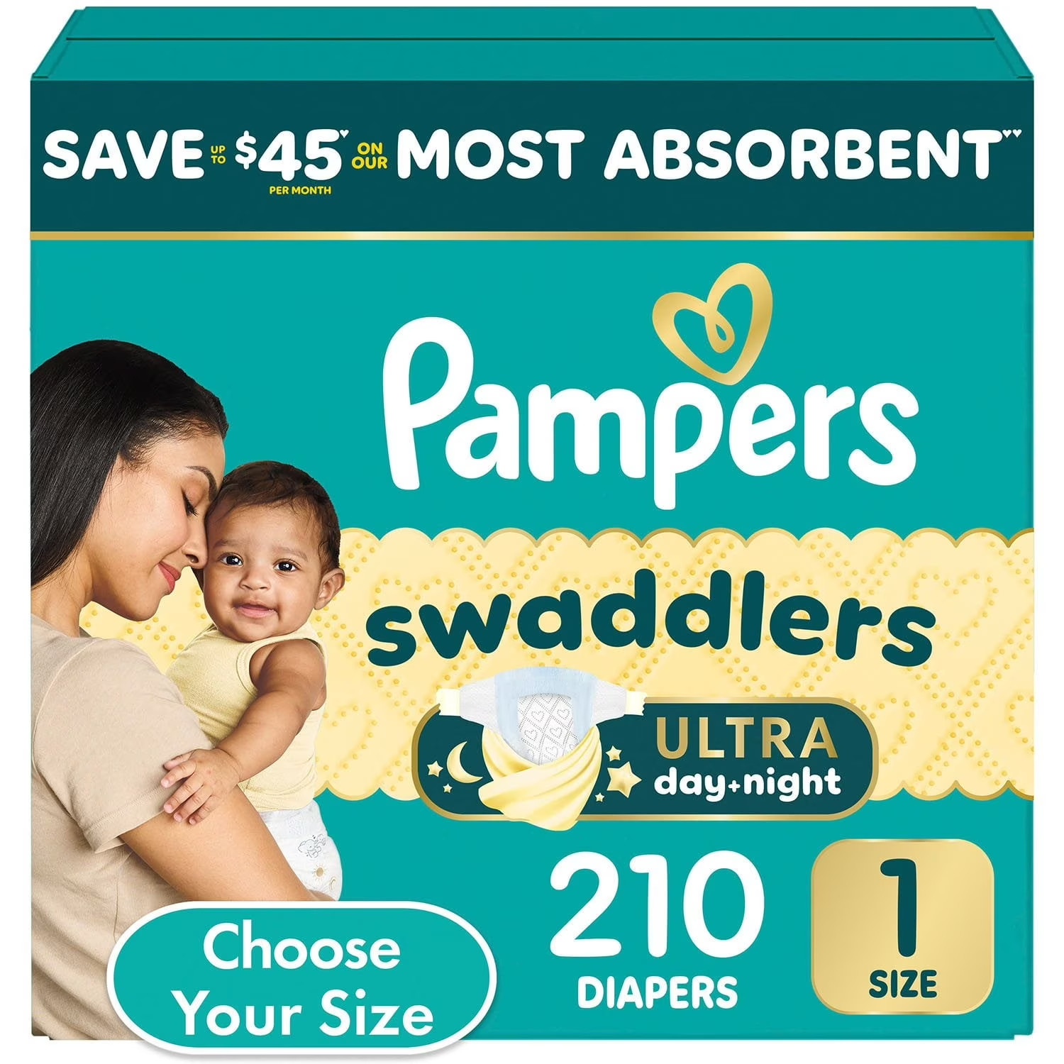 Pampers Swaddlers Ultra Day-Night Overnight Diapers Size 1 (8-14 lb) 210 Daipers